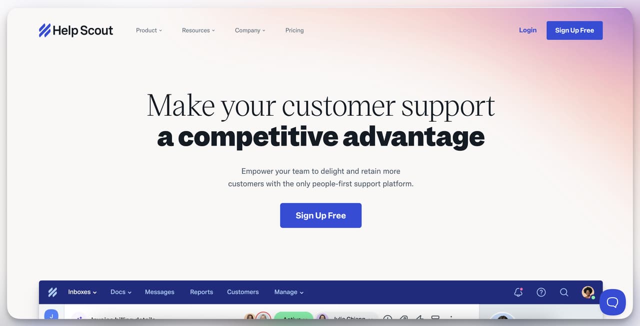 Help Scout homepage showcasing people-first customer support platform with live chat