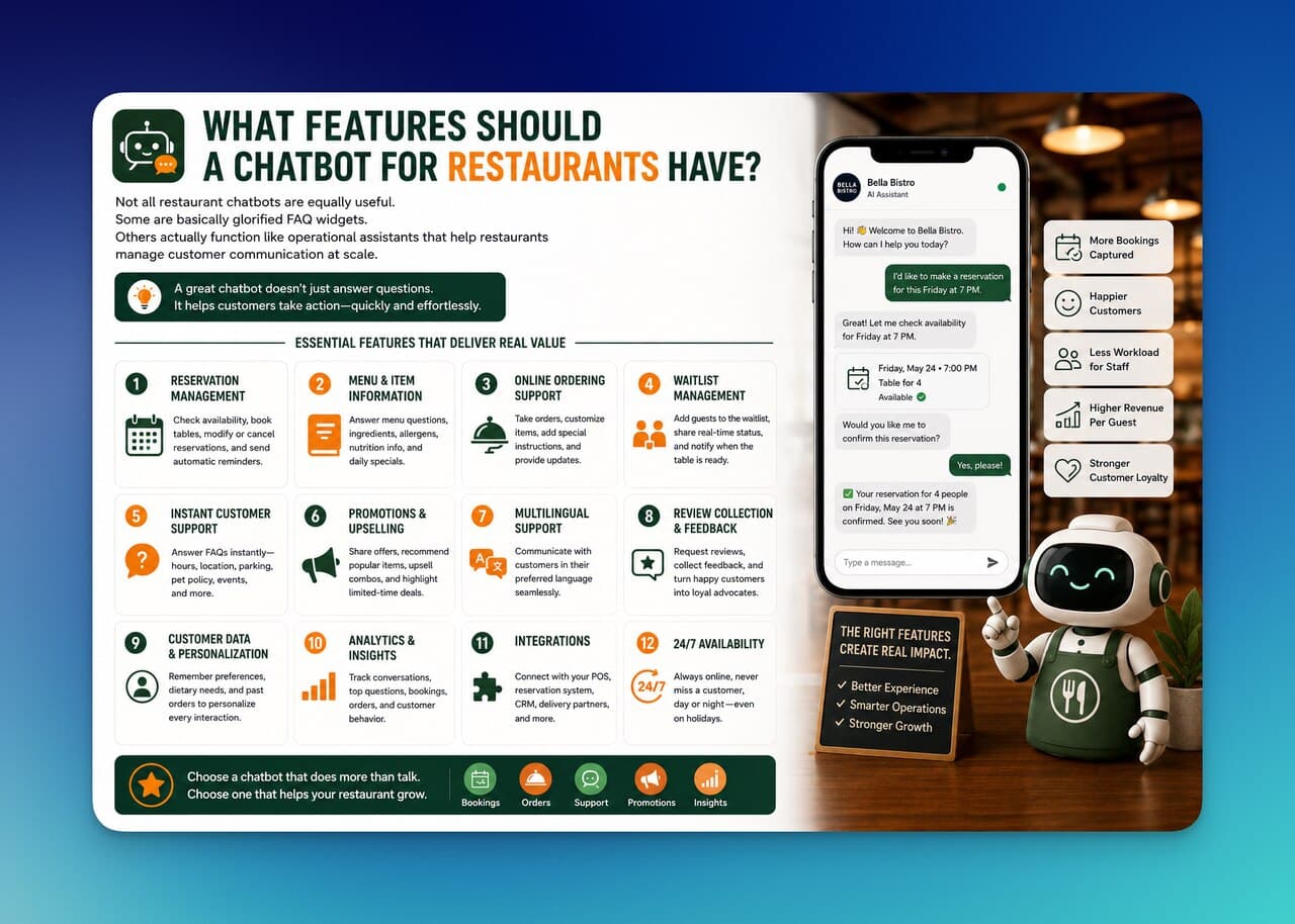 Infographic detailing 12 essential features for restaurant chatbots, improving bookings, customer support, multilingual communication, and operational insights.
