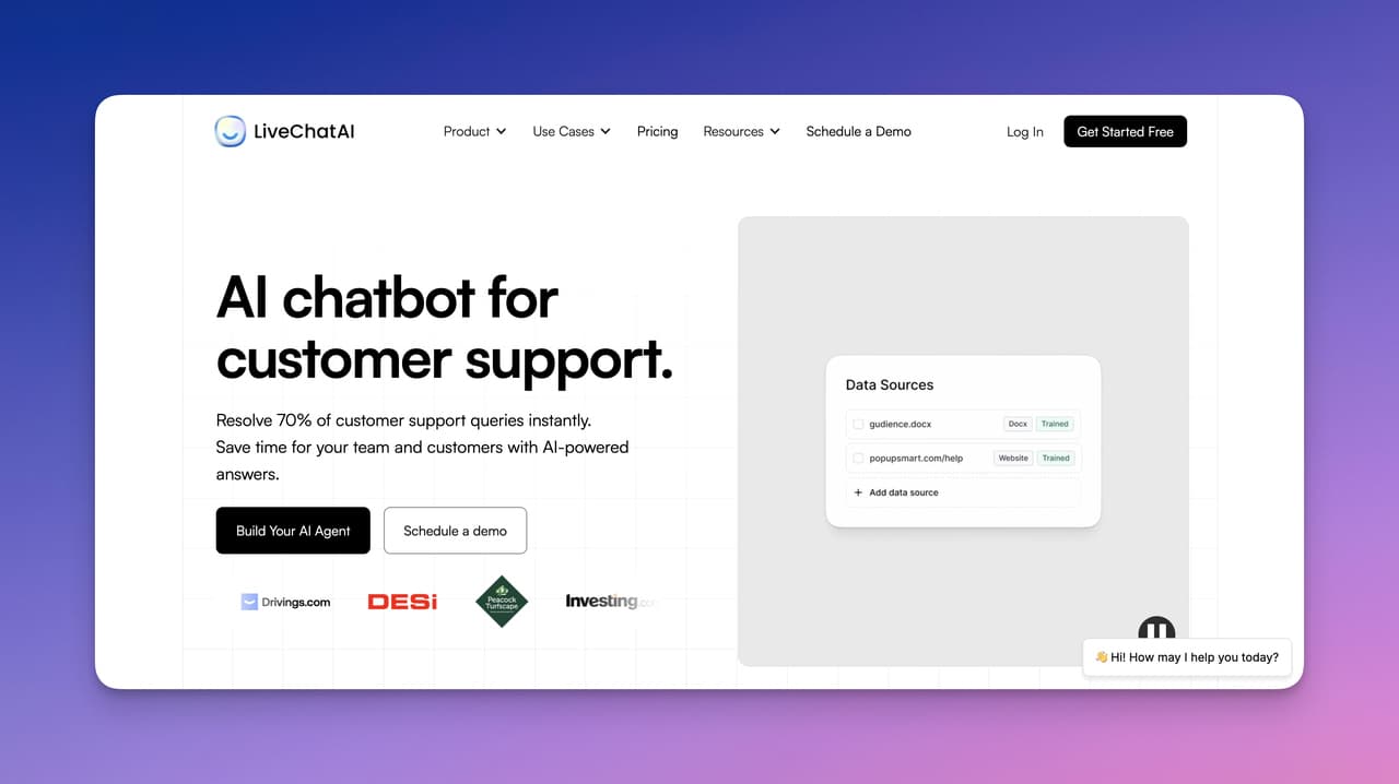 Image of LivechatAI.com's website landing page.
