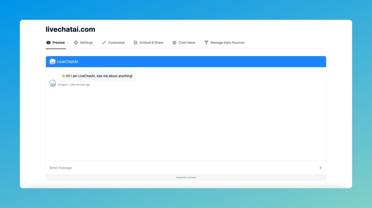 LiveChatAI live chat settings screen for enabling human handoff in telecom chatbot conversations