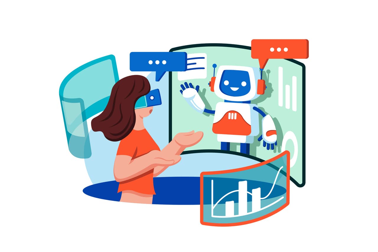 a woman wearing VR glasses with the help of chatbot