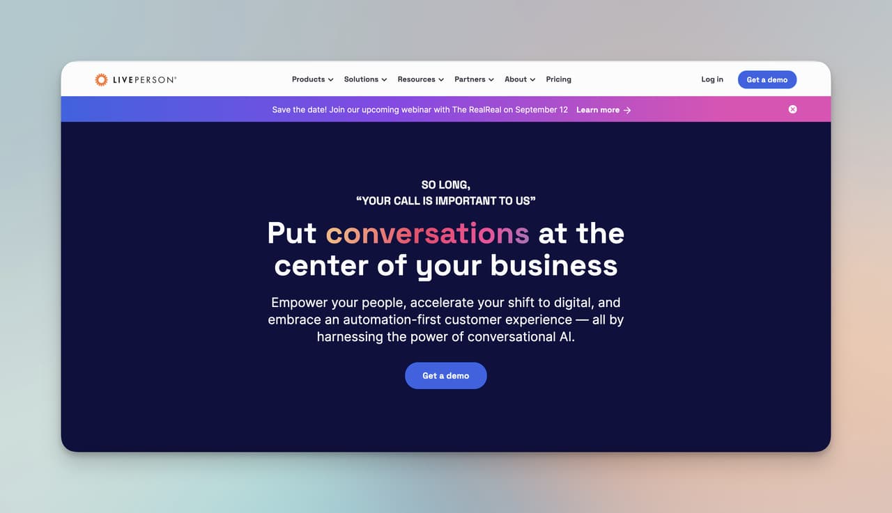 the homepage of LivePerson with its dark above-the-fold and explanations on it