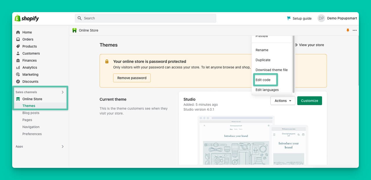Shopify admin dashboard for editing code