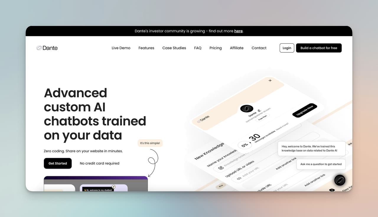 Dante AI homepage showing the chatbot dashboard interface and product overview