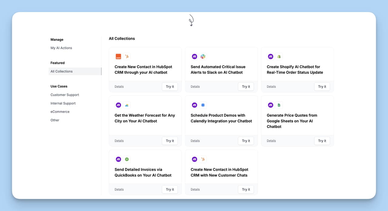 LiveChatAI AI Actions configuration page with integrations like Zapier, Make, webhooks and OpenAPI