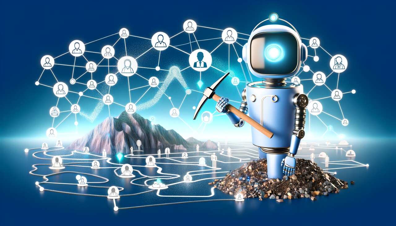 Conceptual illustration of an AI chatbot mining visitor data to surface qualified leads