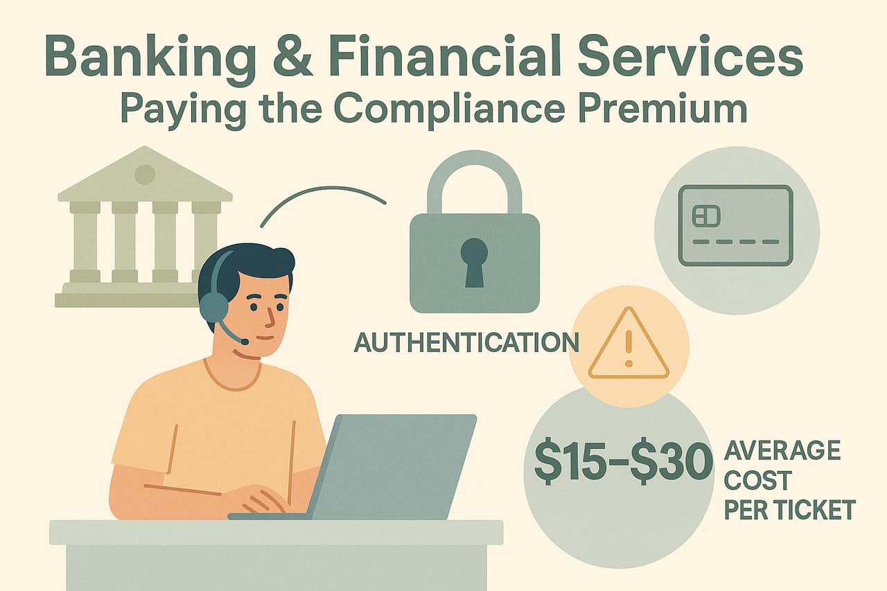 Minimalist illustration of banking and financial services support costs with lock, credit card, and compliance icons, showing $15–$30 average cost per ticket.