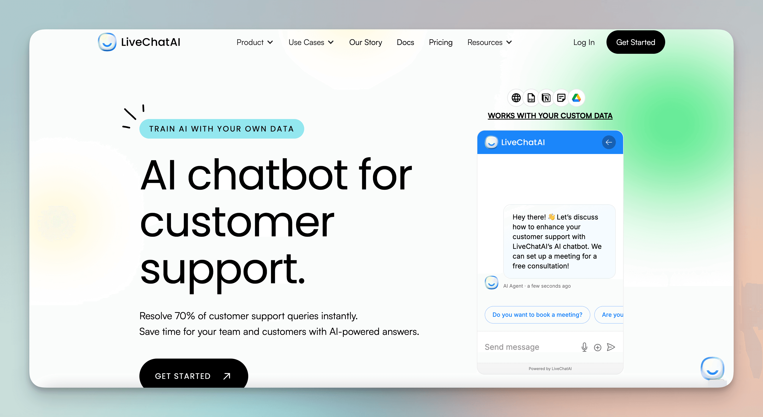 LiveChatAI homepage showing the AI customer support platform positioning