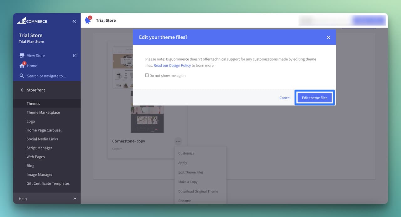 edit theme files on the modal to confirm editing
