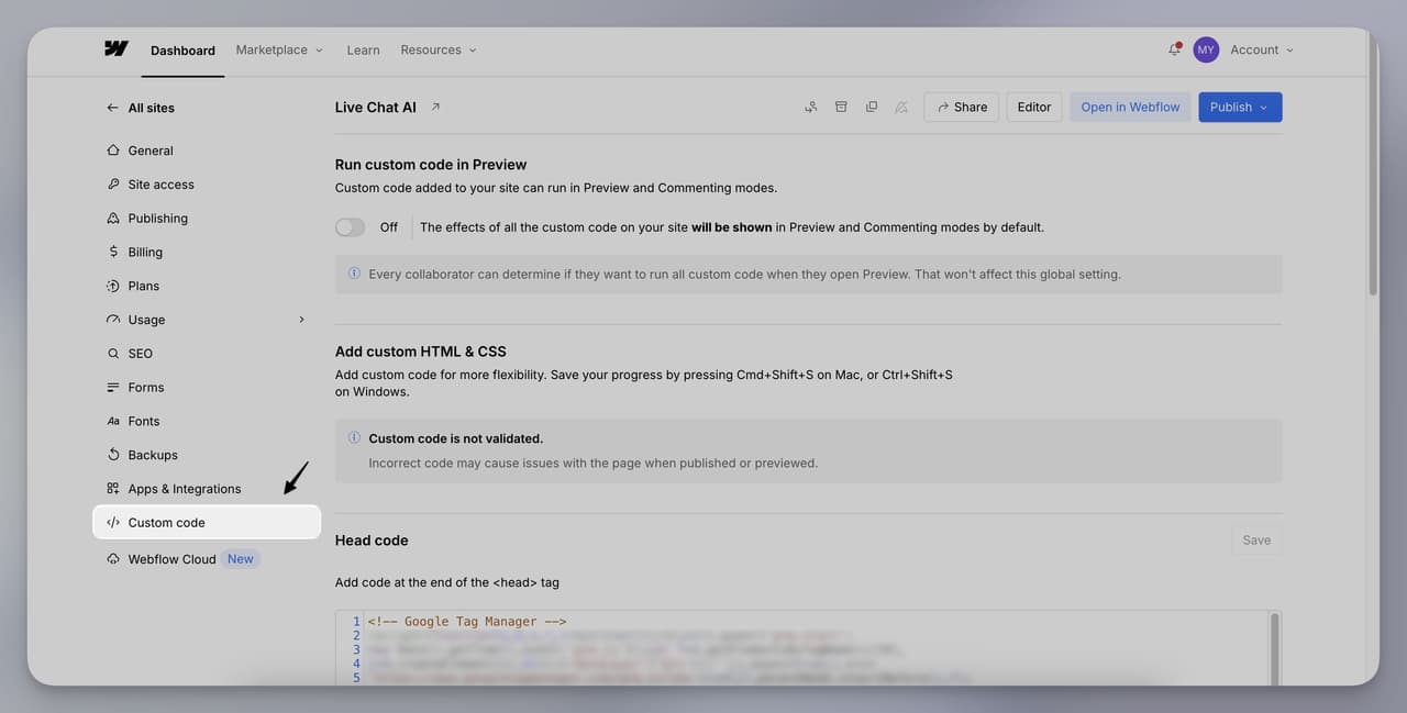 Webflow dashboard showing where to access Custom Code settings to install your Webflow AI Agent script