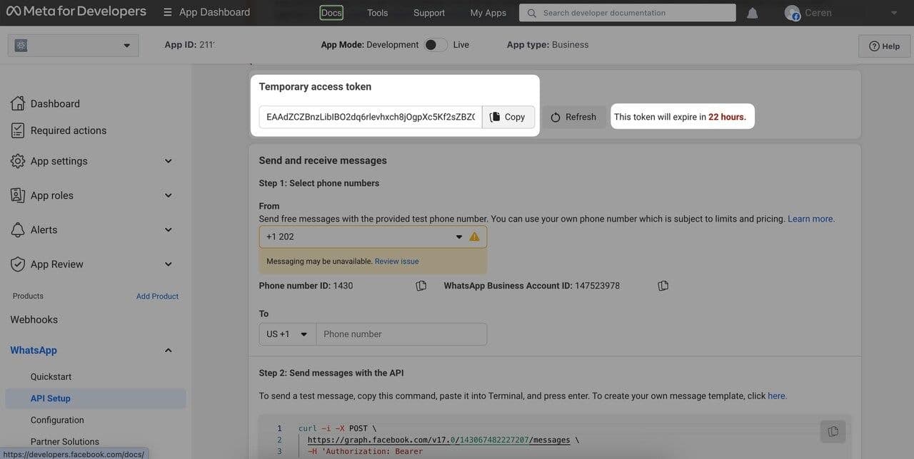 Temporary access token on Meta for Developers