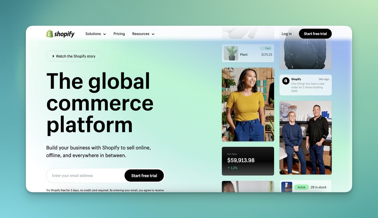 the interactive homepage of Shopify with a green-centred background