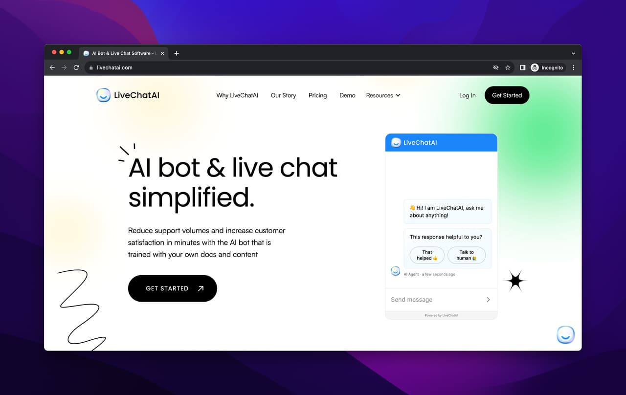 LiveChatAI homepage showing the AI chatbot builder trained on your own content