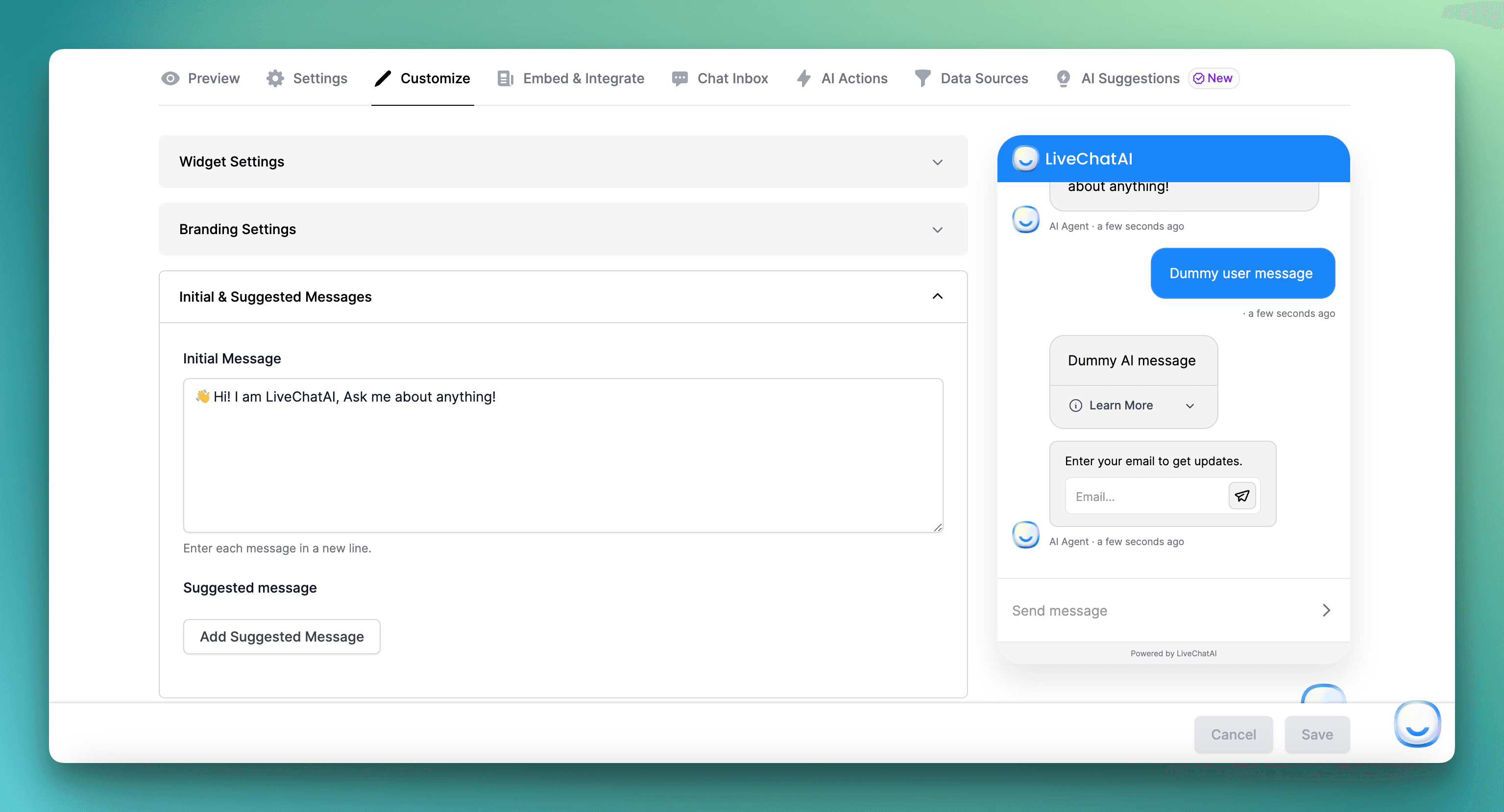 the dashboard of LiveChatAI