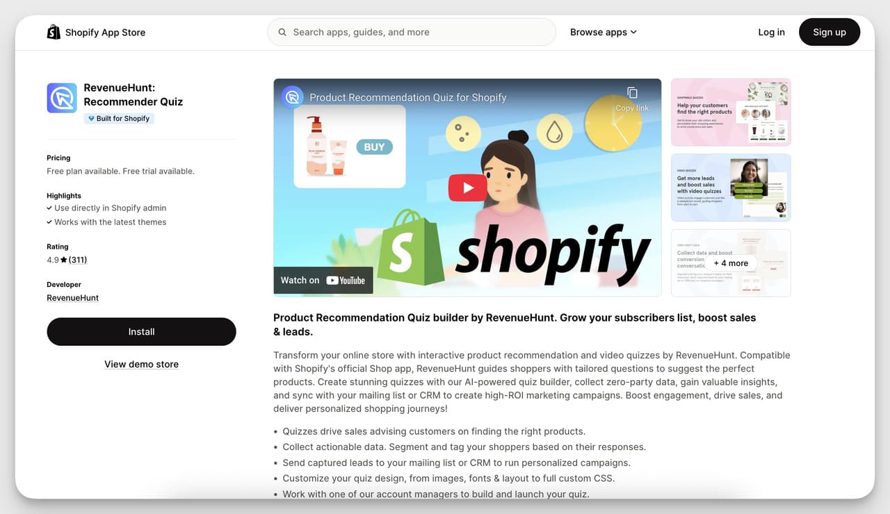 Shopify Product Recommendation App - RevenueHunt product recommendation quiz builder for Shopify, guiding customers to tailored product suggestions.