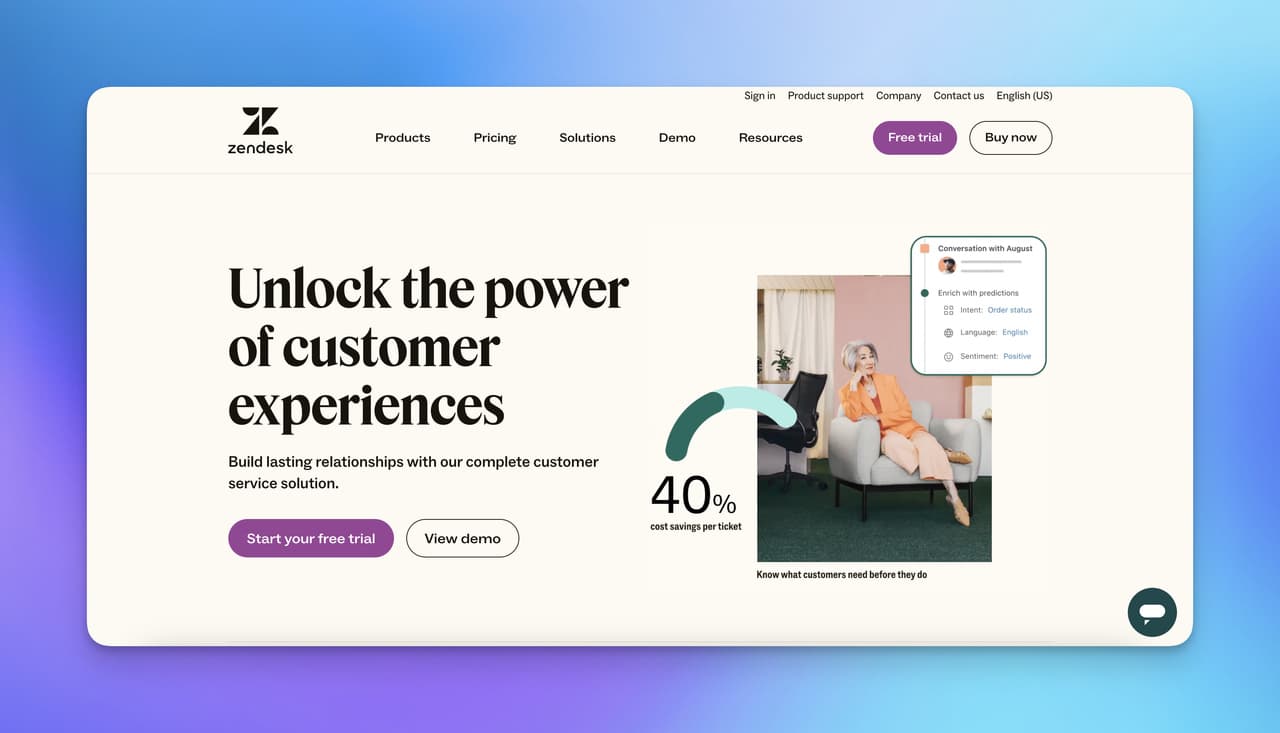 the homepage of Zendesk with a beige background and a woman image sharing rates
