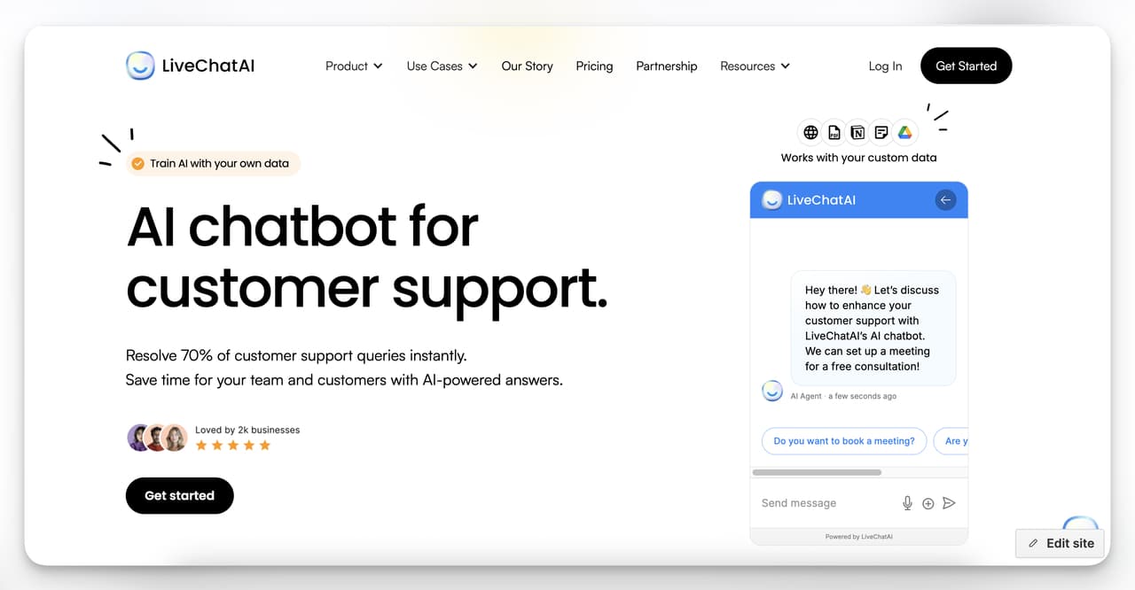 LiveChatAI homepage featuring AI chatbot for ecommerce support, with custom data training and Shopify integration