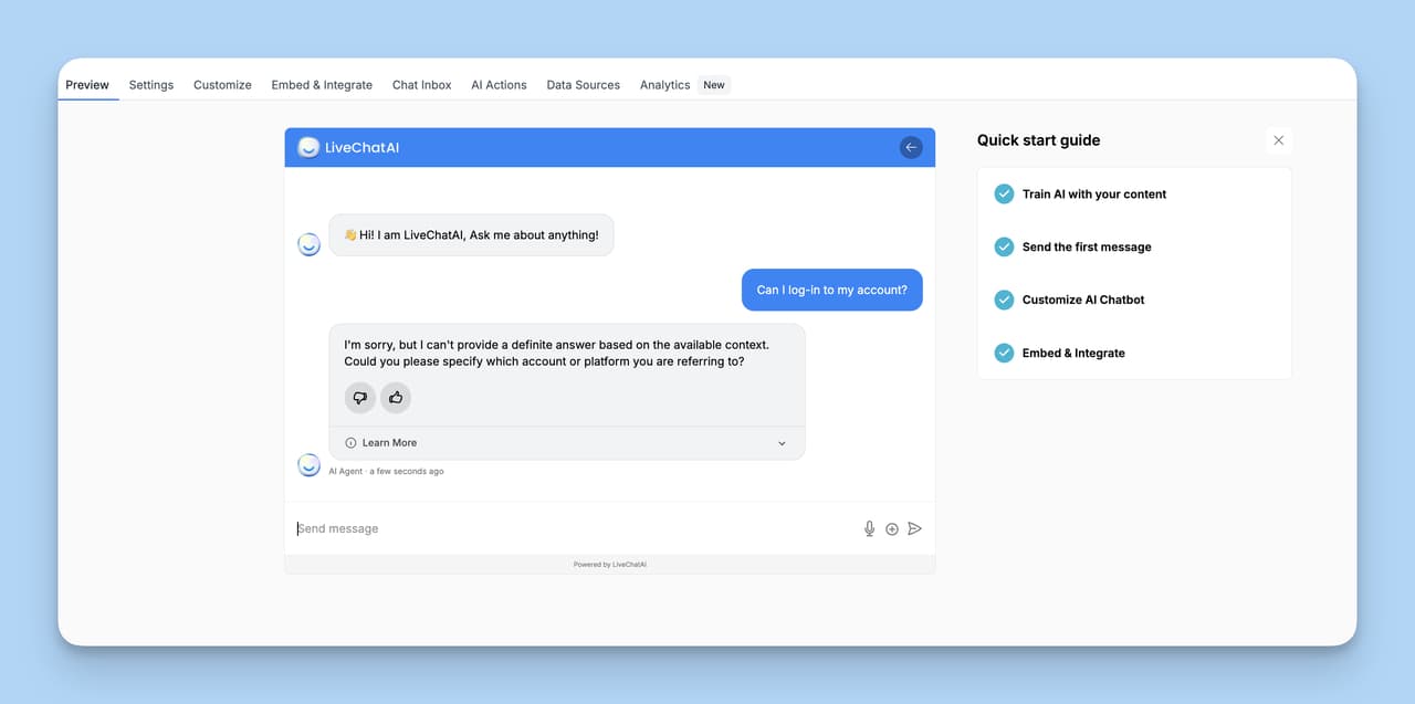 LiveChatAI preview window showing a live test conversation with the AI support agent