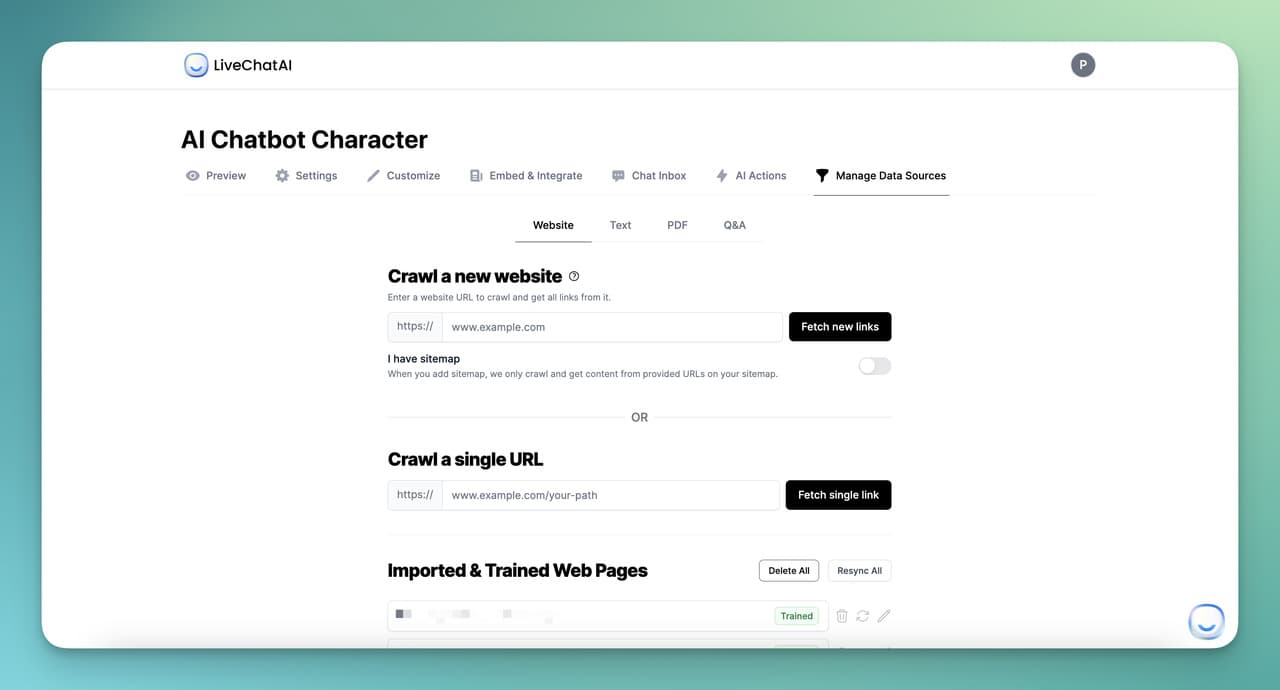 the Manage Data Sources section on LiveChatAI