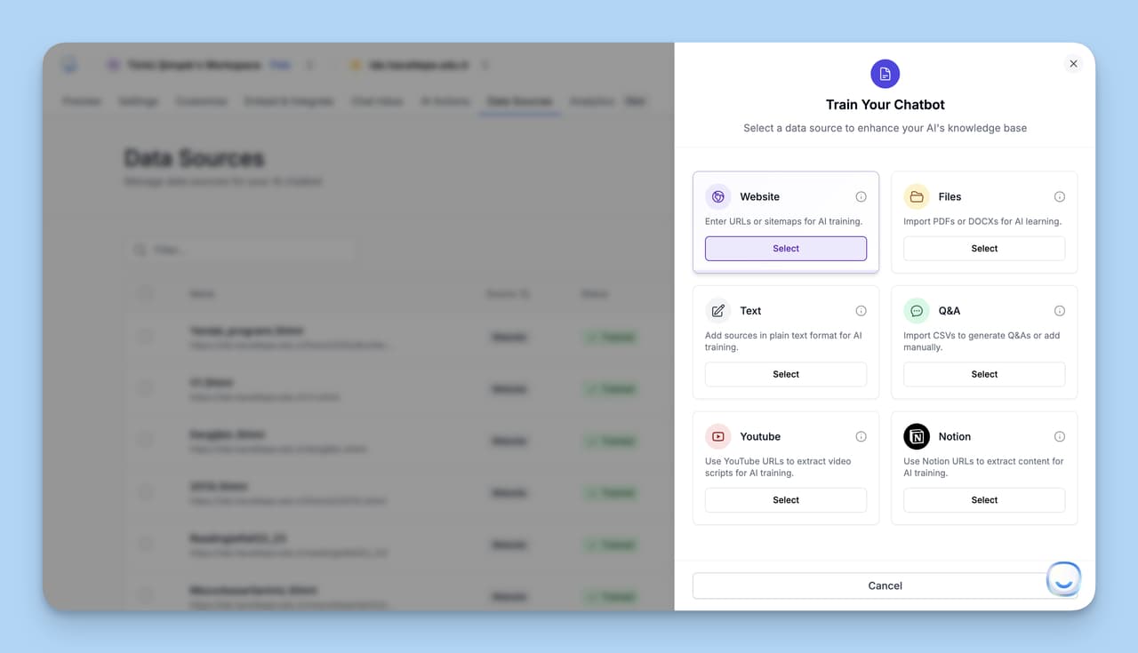 LiveChatAI dashboard showing data source upload options for training an AI support agent