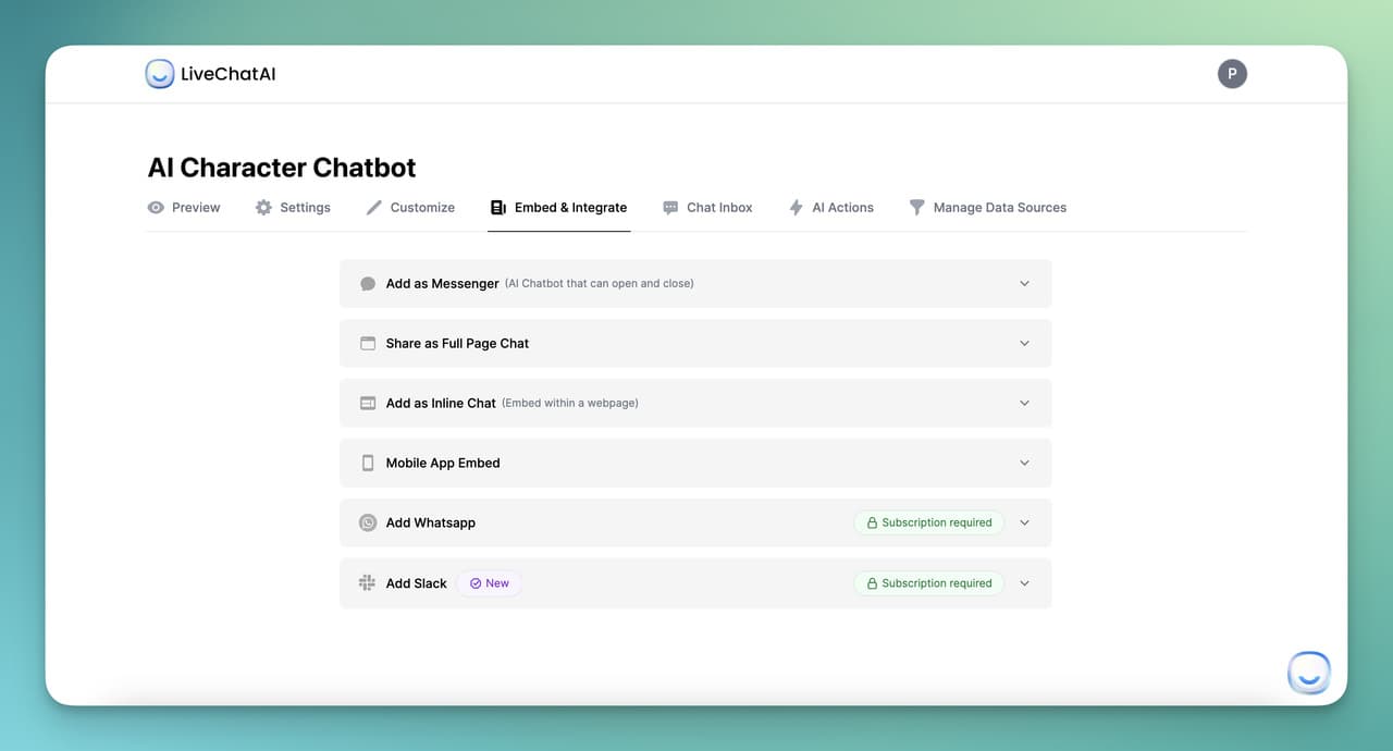 Embed & Integrate section on LiveChatAI