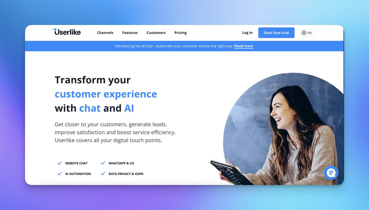 the homepage of Userlike with an image woman smiling big