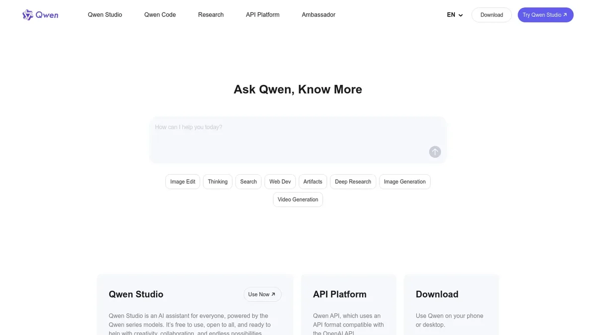 Qwen homepage by Alibaba featuring the open-source Qwen chat interface and model studio