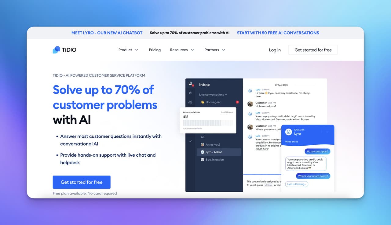 the homepage of Tidio as a popular chat tool