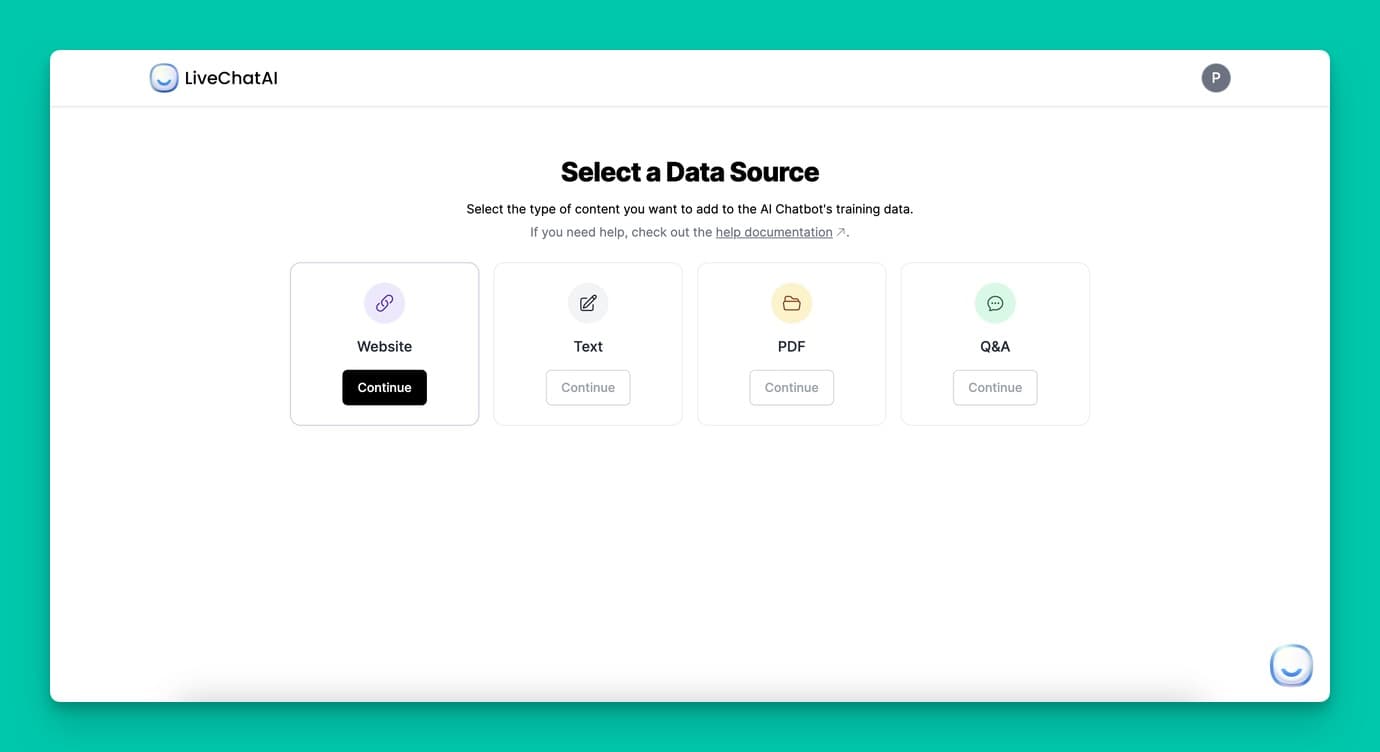 the selecting data source step of LiveChatAI