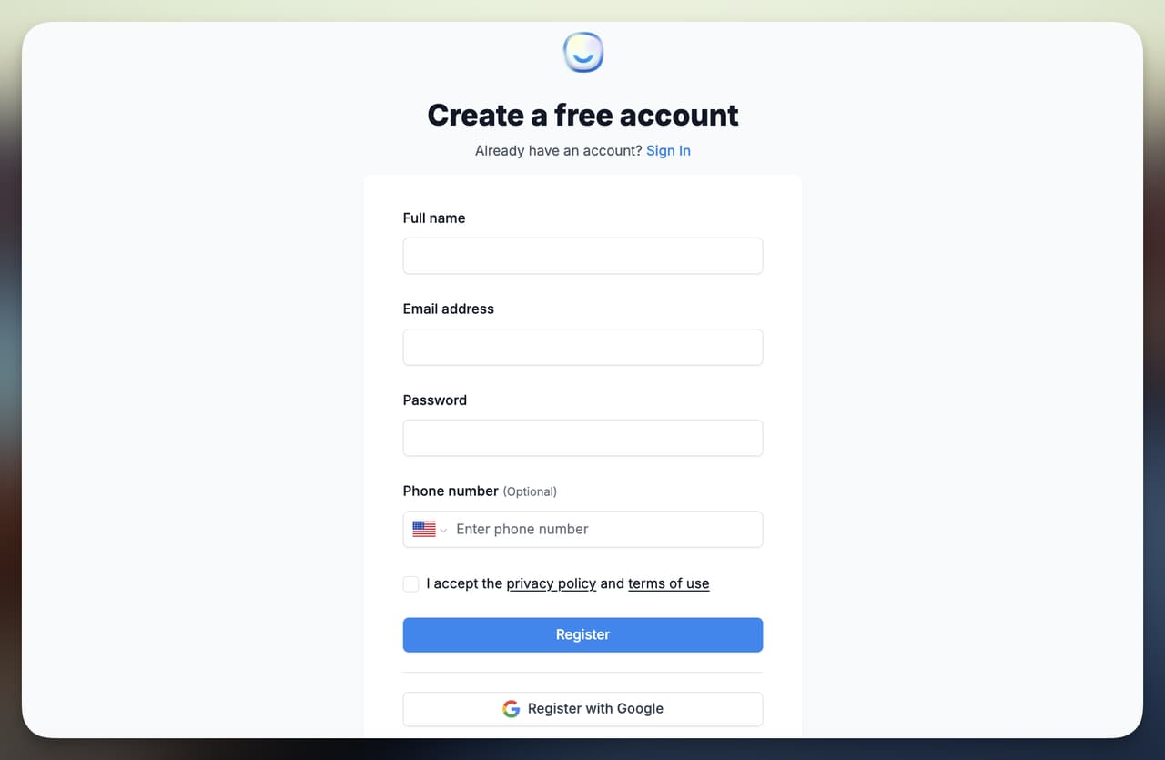 Sign Up Page of LiveChatAI