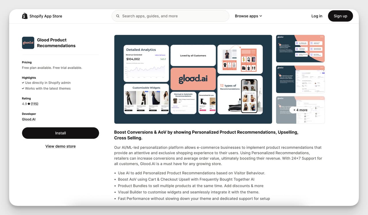 Shopify Product Recommendation App - Glood AI-driven product recommendations dashboard with analytics, customizable widgets, and upsell options.