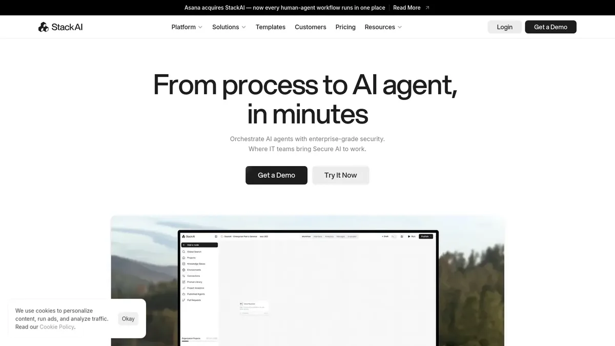 Stack AI homepage highlighting no-code platform to build enterprise AI agents RAG workflows and internal tools
