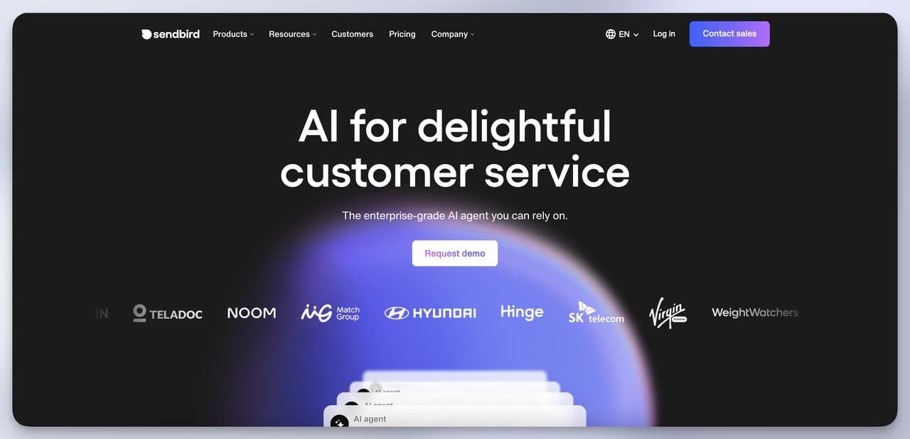 Sendbird omnichannel AI agent homepage with mobile, web and SMS coverage - scalable Chatbase alternative for enterprises.