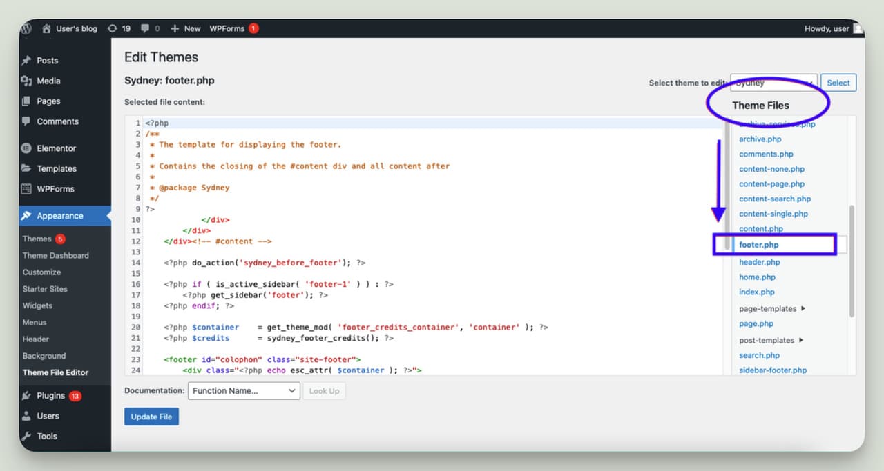 WordPress style.css file opened in theme editor to show how styling changes can be applied site-wide for embedded AI agents.