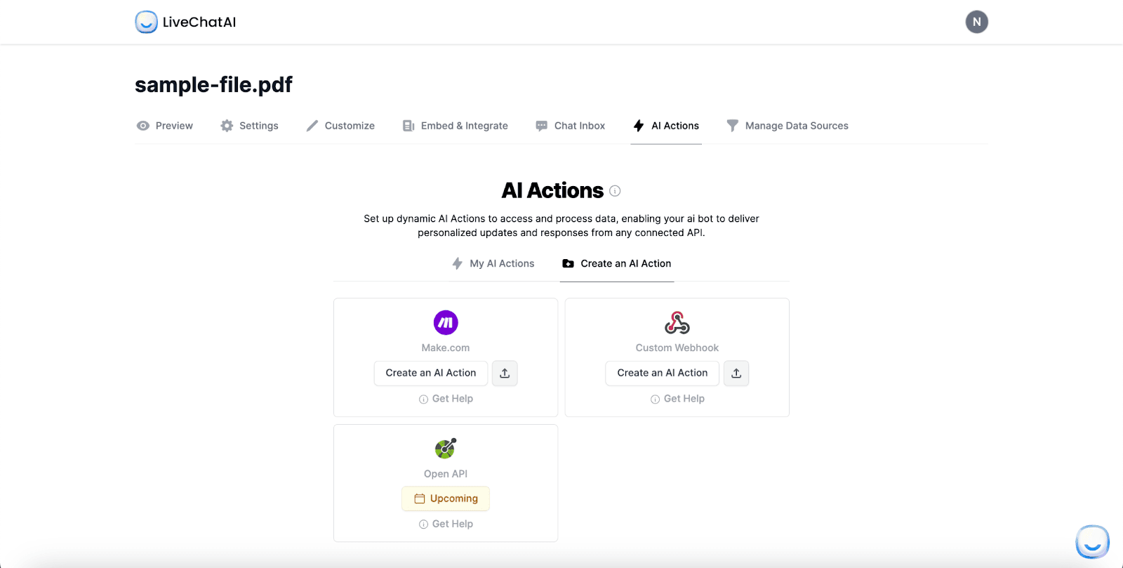 AI actions tab of LiveChatAI for different scenarios