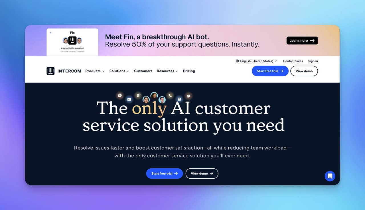 the homepage of Intercom, one of the most famous chat tools
