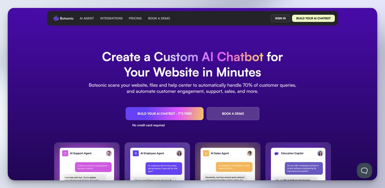 Botsonic gradient hero section advertising instant website scan setup - quick-start Chatbase alternative for FAQ deflection.