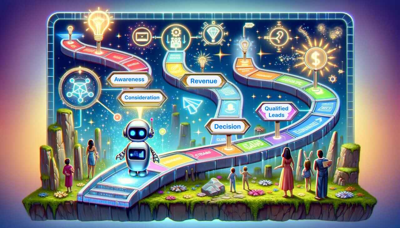 the representation of a journey of generating leads with an illustration of an AI chatbot