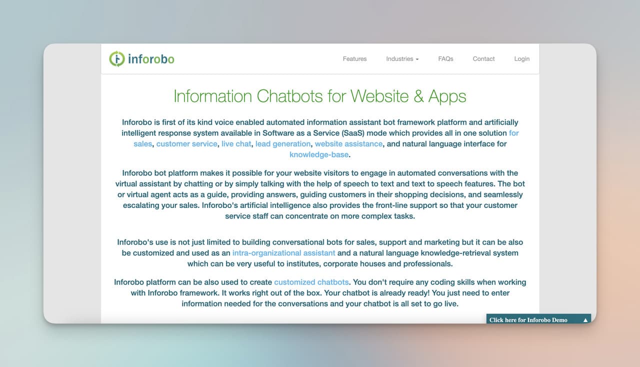 Inforobo homepage with detailed product description text and conversational AI features