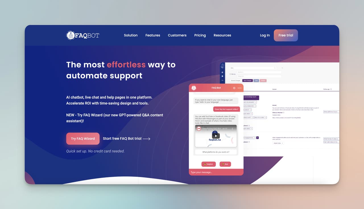 FAQ Bot homepage on a dark blue and pink background showing the FAQ automation platform