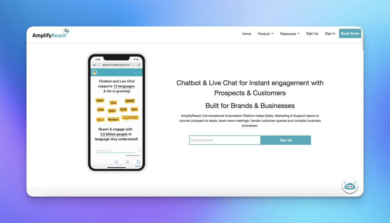 the homepage of AmplifyReach with a mobile phone sample