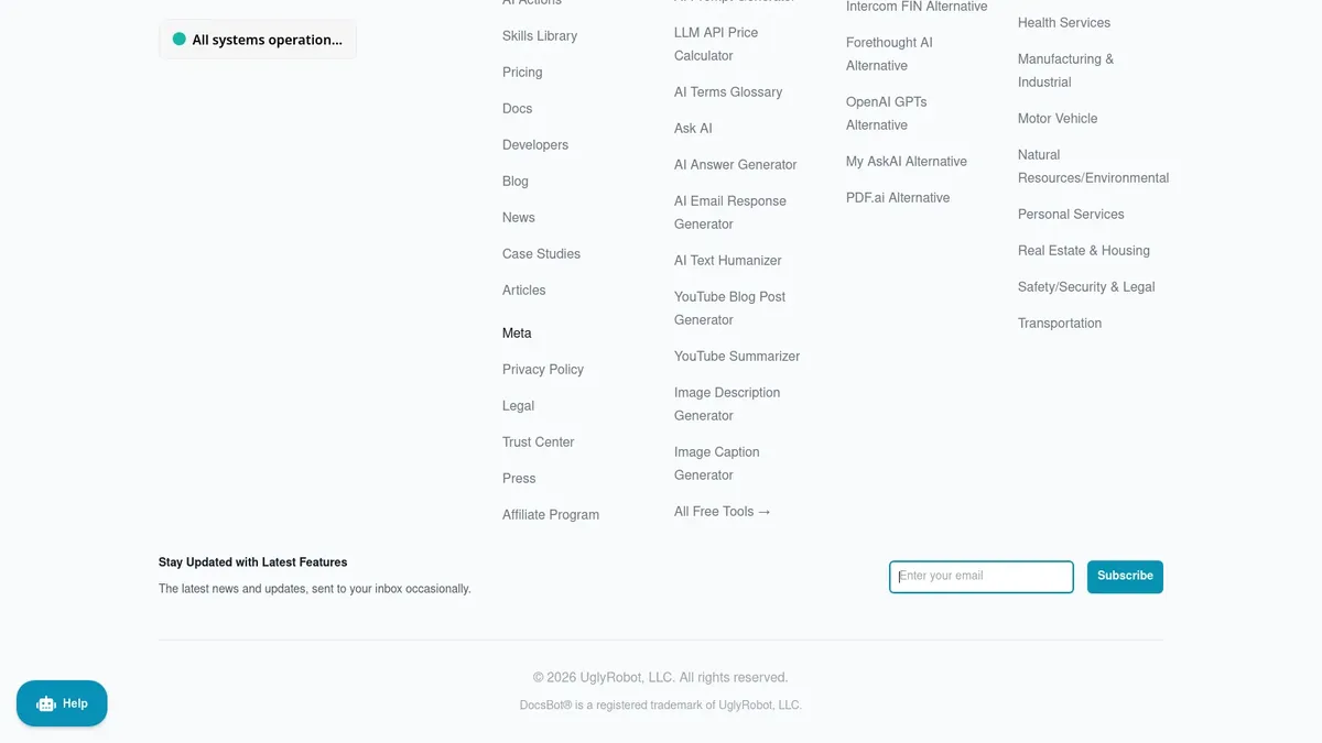 DocsBot AI homepage advertising custom ChatGPT bots trained on your documentation content help center and developer docs