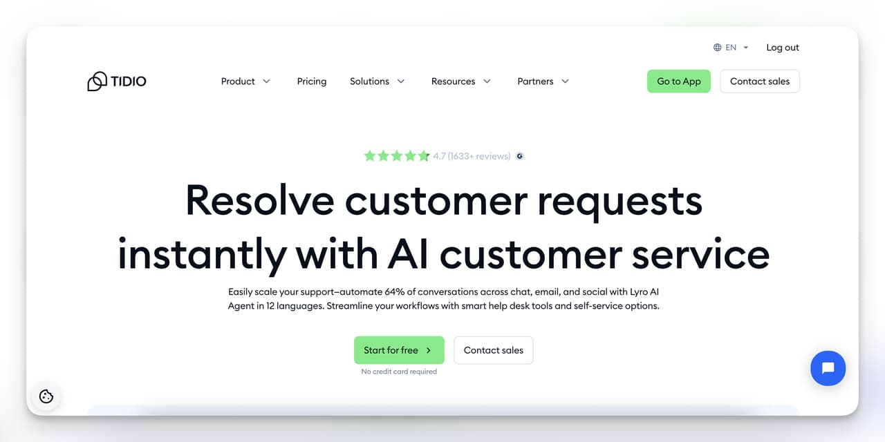 Tidio homepage featuring AI customer service with Lyro chatbot for automating ecommerce support across multiple channels