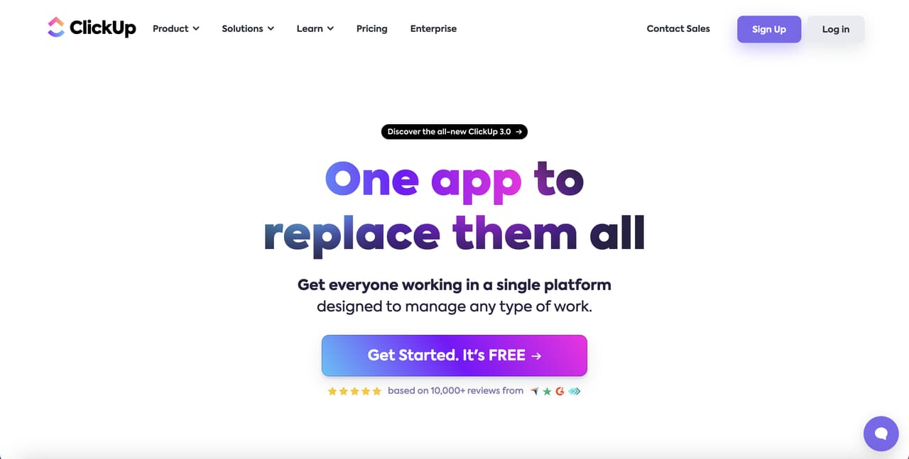 the homepage of ClickUp on a white background with a striking motto