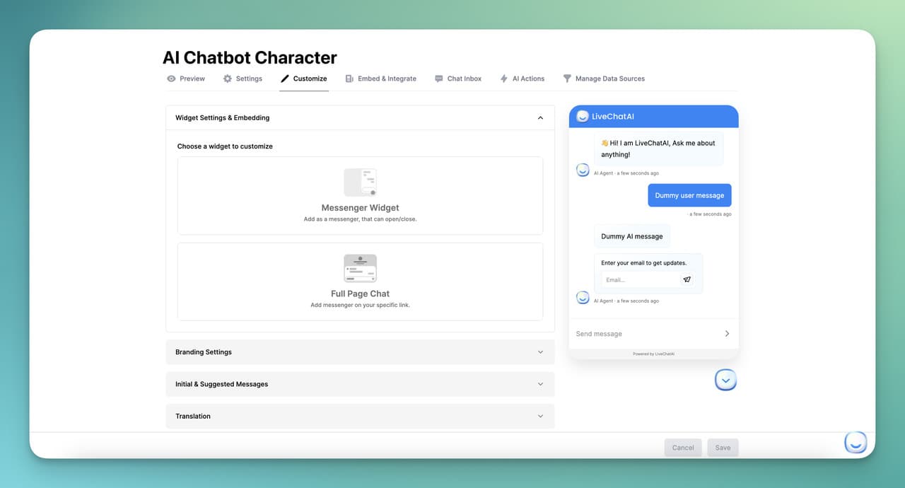 the customize section on LiveChatAI
