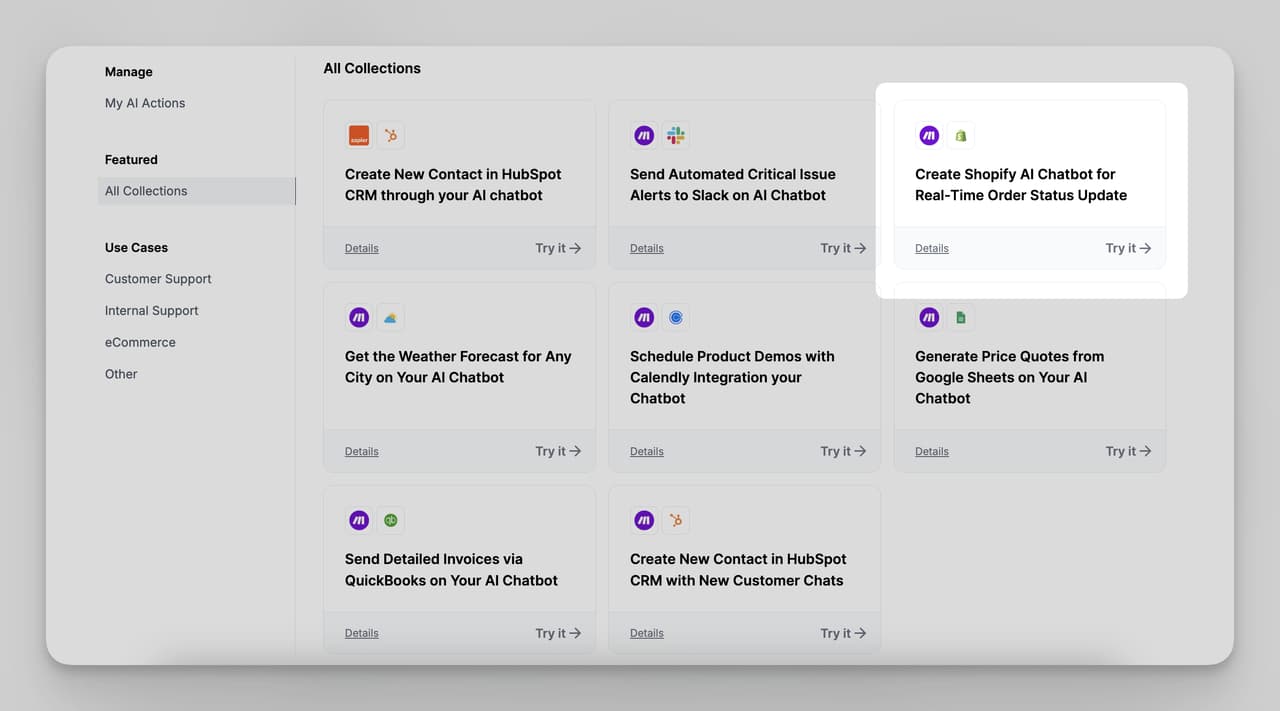LiveChatAI template to build a Shopify AI chatbot for real-time order status updates using Make.com automation.