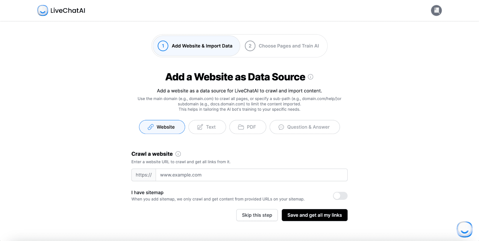 LiveChatAI data source page showing website URL input for chatbot training