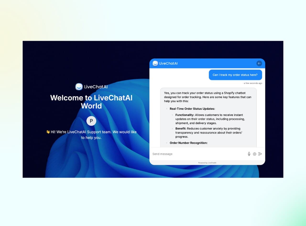 LiveChatAI ecommerce chatbot widget in action answering a shopper question on a brand storefront