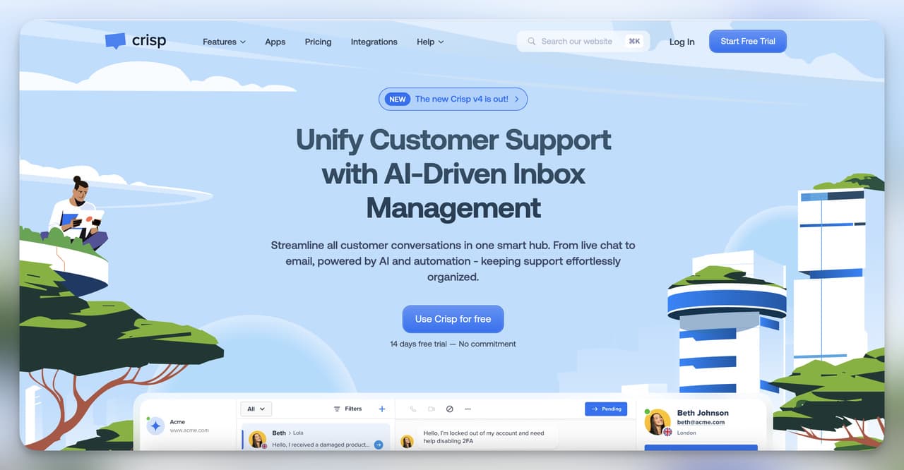Crisp homepage promoting AI-driven customer support with unified inbox for ecommerce conversations