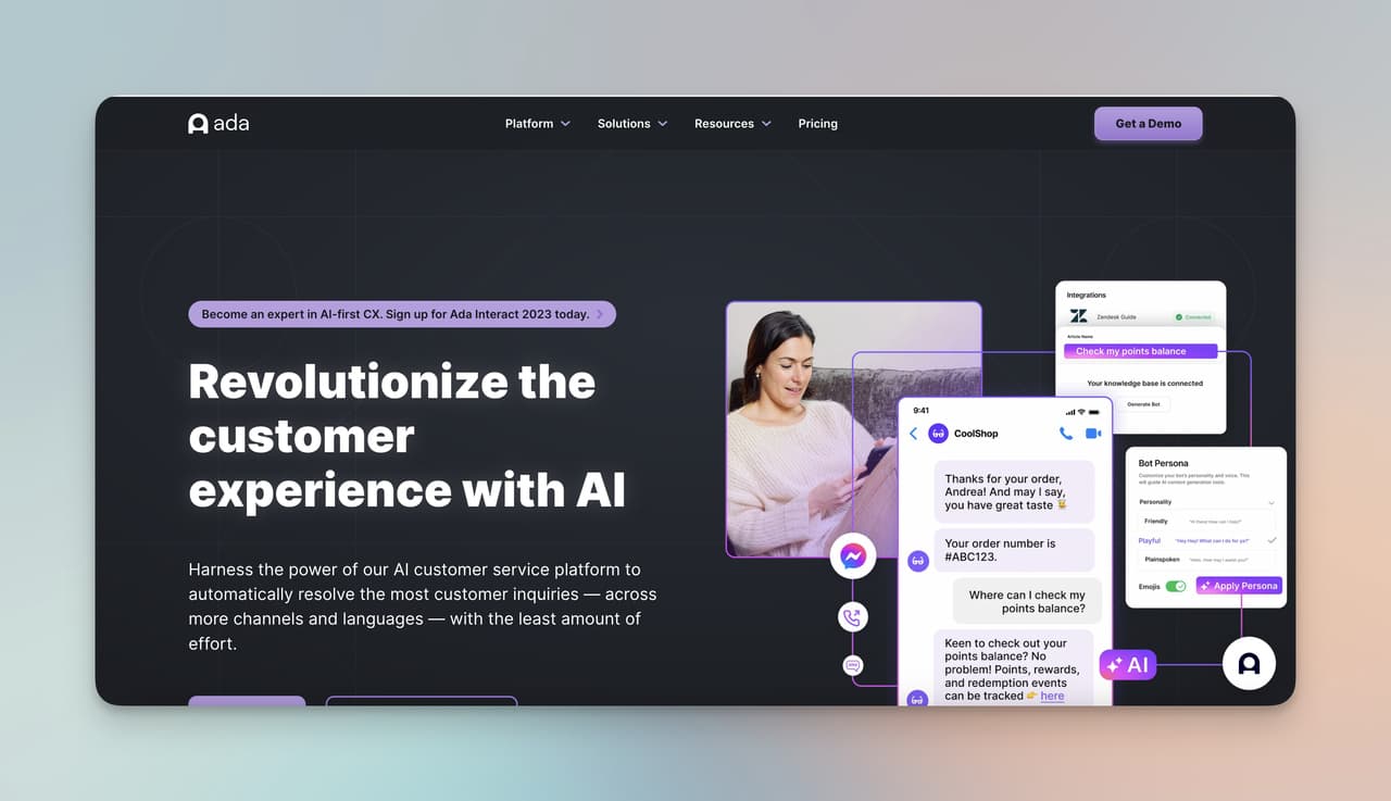 the black background of Ada chatbot